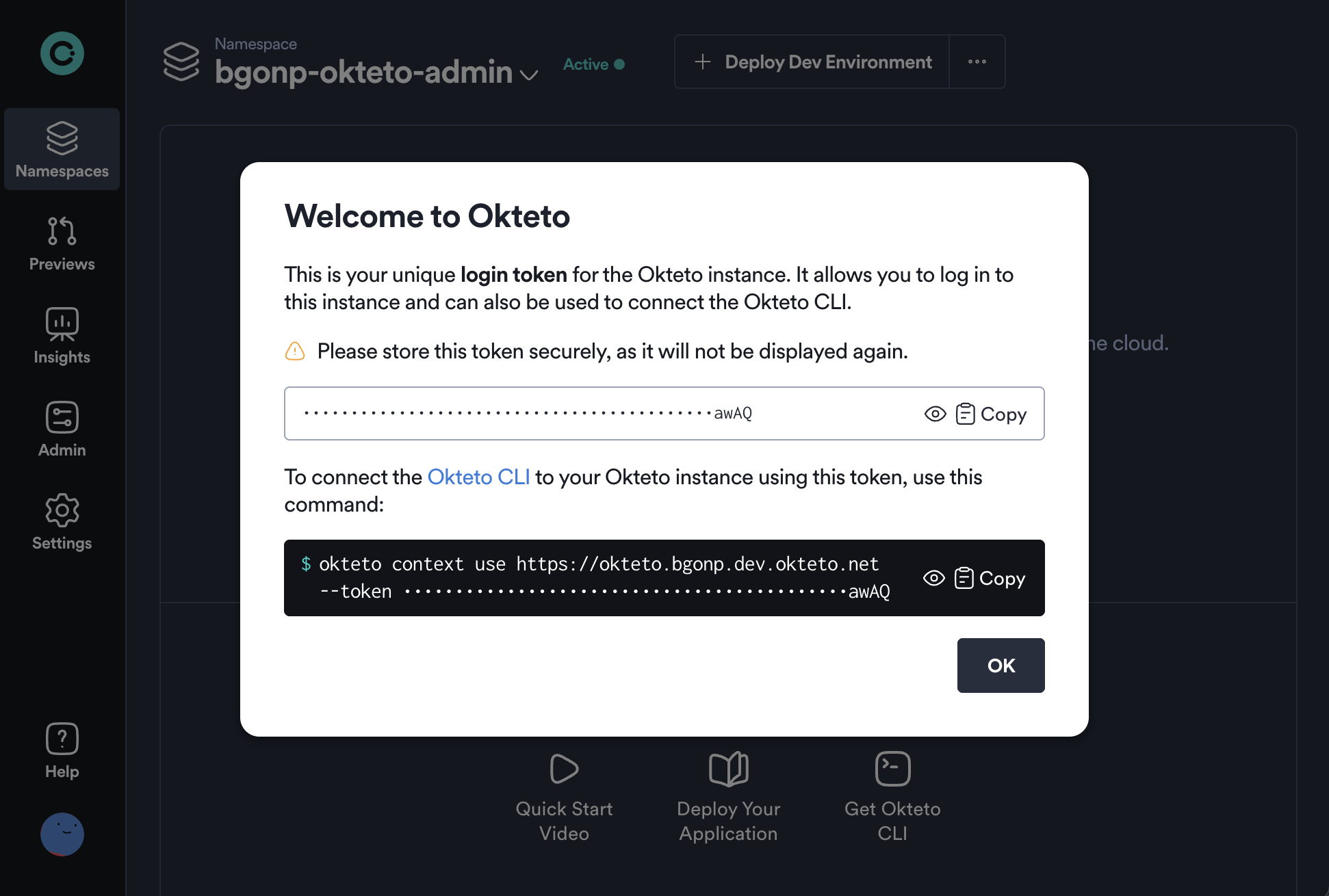 Okteto Namespace Landing Page